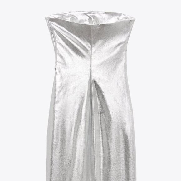NEW Zara Women's METALLIC STRAPLESS LONG DRESS Silver - Picture 5 of 14